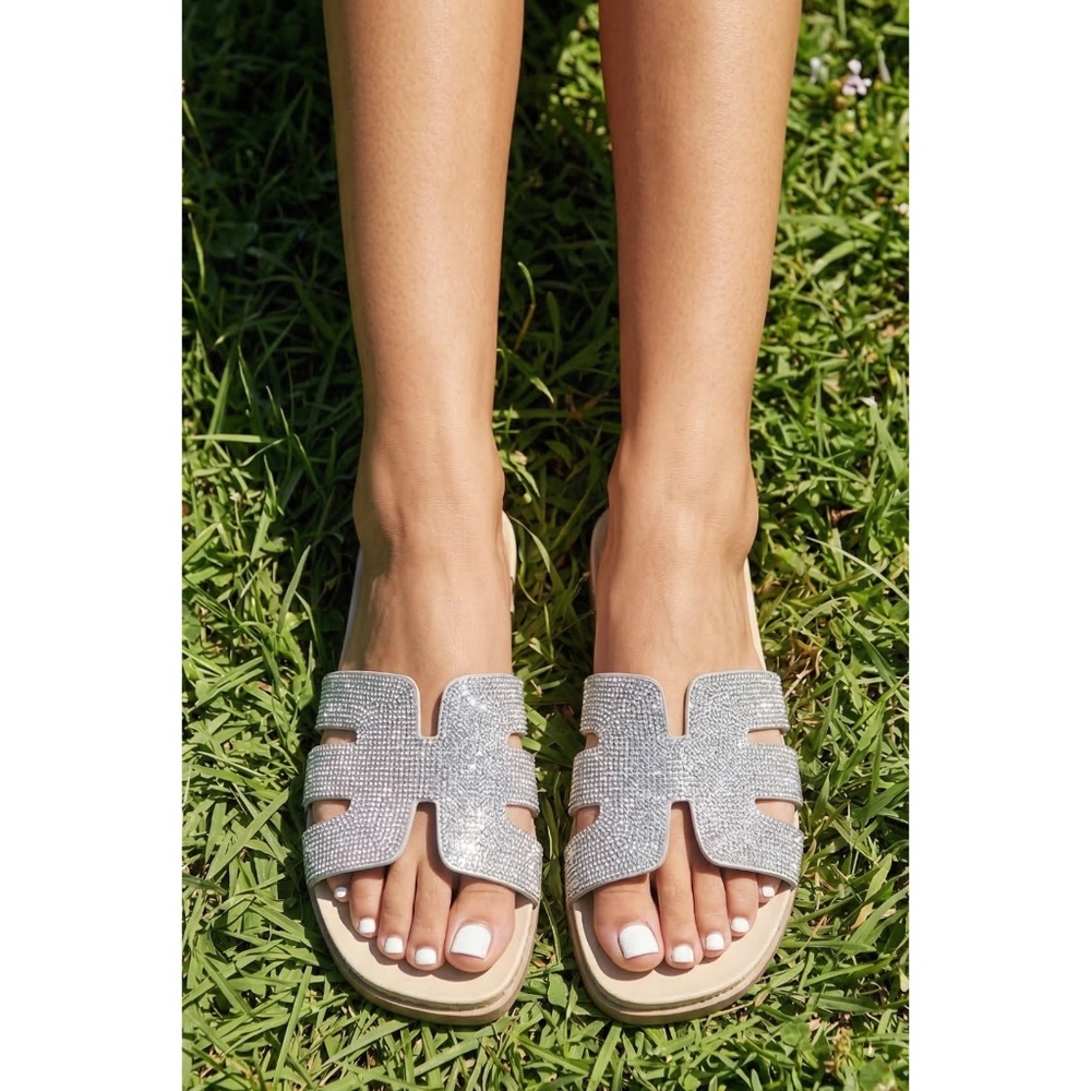 Qupid Rhinestone Slide Sandals | Sparkly Slip On Flat Shoes - Picture 2 of 6